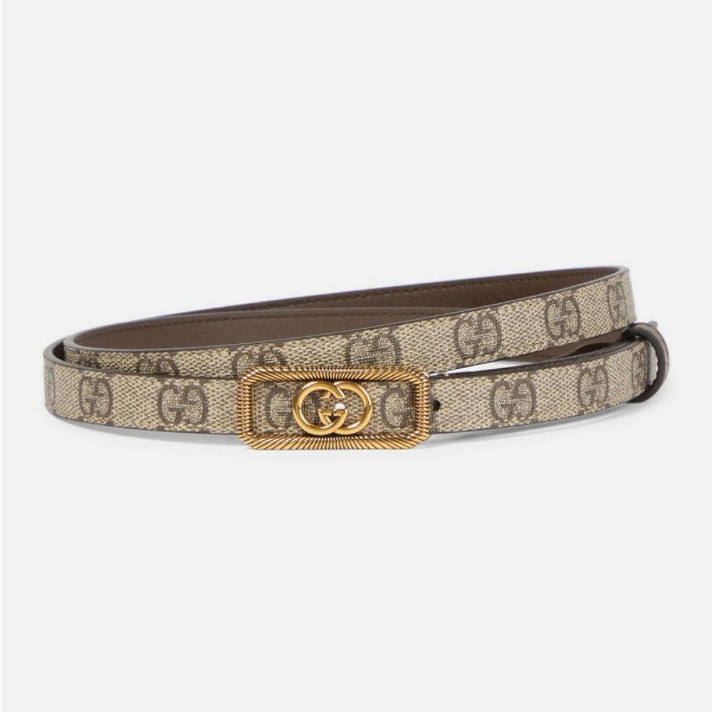 Gucci Monogram Tan and Brown Belt with Gold Emblem. Nwt - Picture 2 of 5